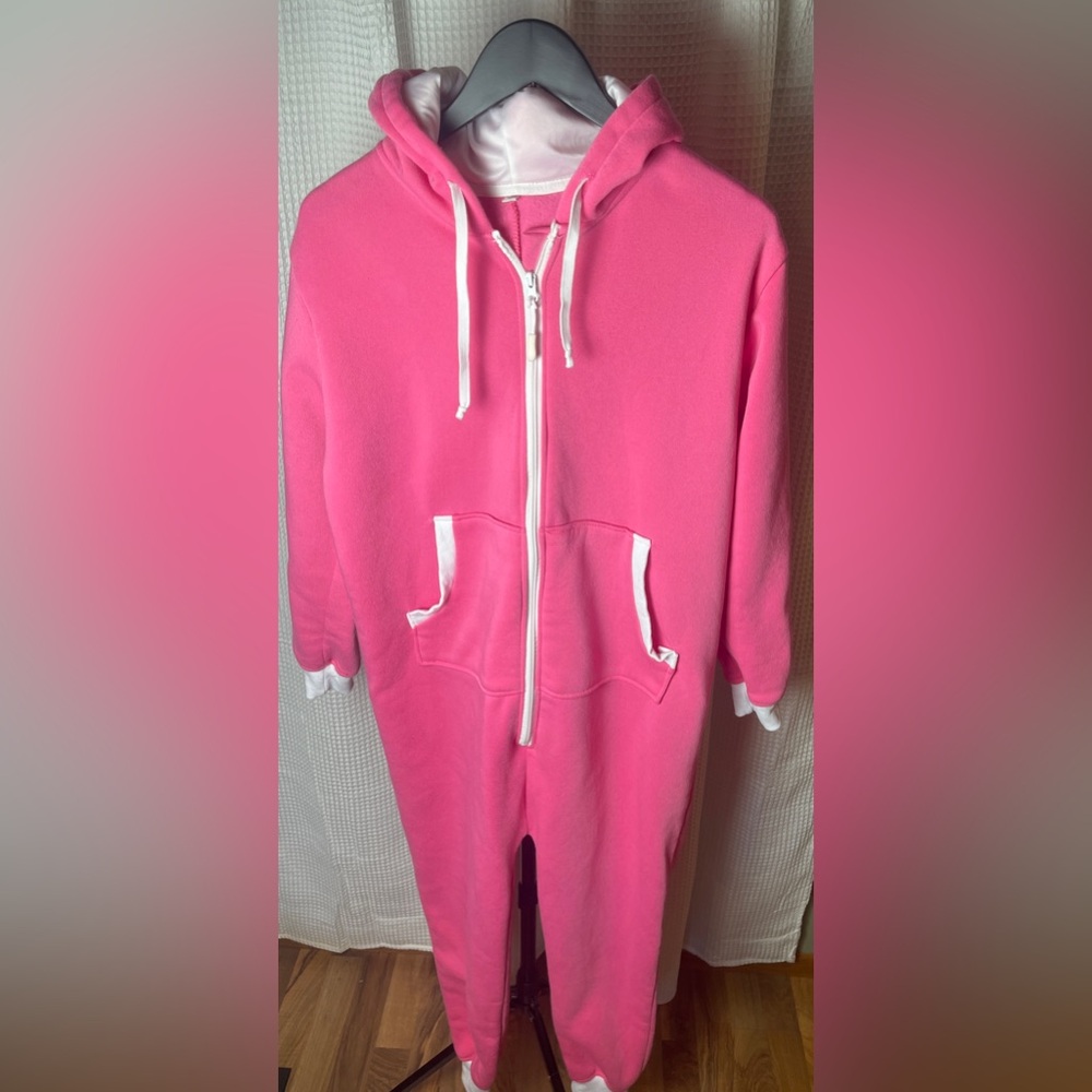 Pink One Piece Hooded one piece jump‎ suit with white cuffs Size small